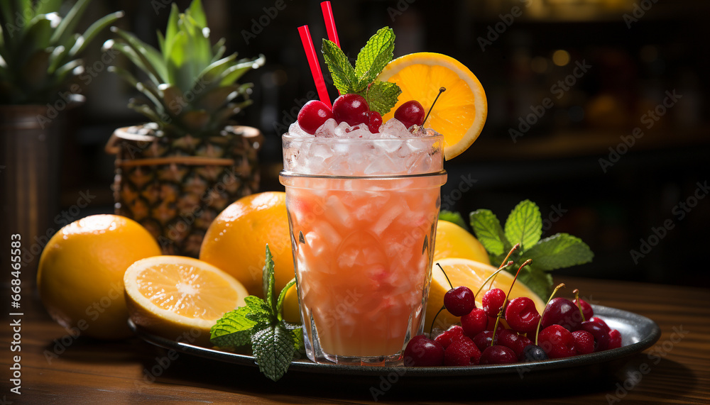 Fresh fruit cocktail on wooden table, refreshing summer drink generated by AI Fresh fruit cocktail on wooden table, refreshing summer drink generated by AI