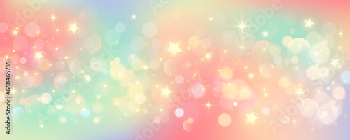 Rainbow unicorn pastel background with glitter stars. Pink fantasy sky. Holographic space with bokeh. Fairy iridescent gradient backdrop. Vector