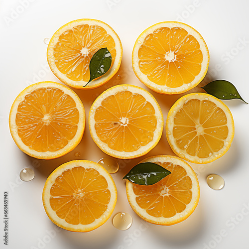 Several slices of lemon lined up on a refreshing background.