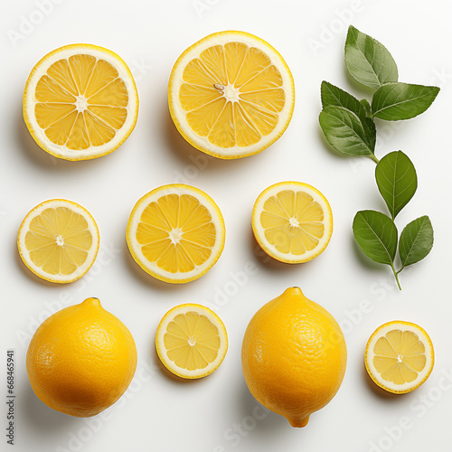 halved lemon Beautifully arranged together with lemon leaves.
