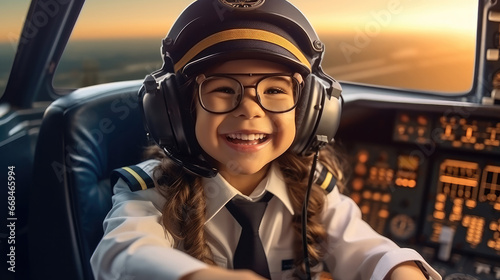 Happy little girl dressed as airline pilot in the cockpit of airliner, Air travel. © visoot