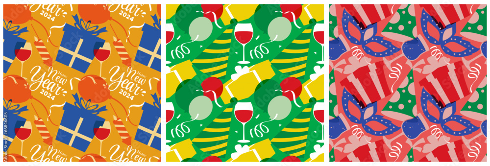 Set of Happy New Year 2024 Seamless Pattern Illustration with Elements New Years Background Design Set of Happy New Year 2024 Seamless Pattern Illustration with Elements New Years Background Design