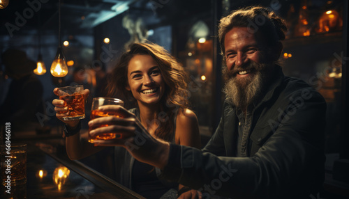 Two young adults, smiling, enjoying a drink at a bar generated by AI