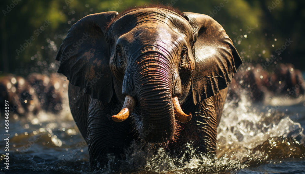 Elephant walking in mud, playful, enjoying the summer sunlight generated by AI