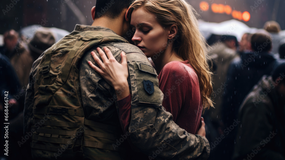 Young girl hugs her military boyfriend, preparing to leave for duty