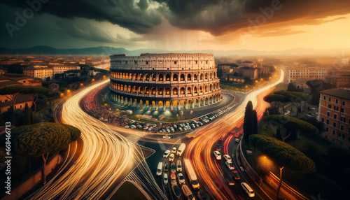 Landscape image depicting the iconic Colosseum with streams of vehicles circling it. The evening sky casts a golden hue, highlighting the majestic structure amidst the bustling traffic of Lazio, Rome, photo