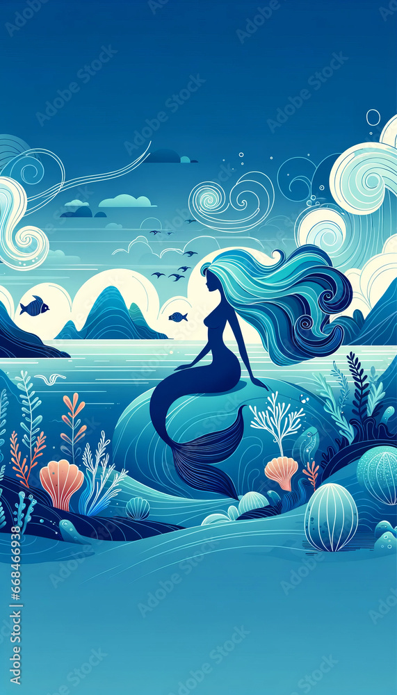 Landscape-oriented vector illustration, where the deep blue ocean is home to a mesmerizing mermaid with long, flowing hair. The scene is enriched with whimsical vector elements, creating a dreamy and Landscape-oriented vector illustration, where the deep blue ocean is home to a mesmerizing mermaid with long, flowing hair. The scene is enriched with whimsical vector elements, creating a dreamy and