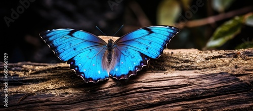 Global deforestation causes animals to lose habitats posing an ecological problem as shown by a bright blue tropical morpho butterfly on a barren tree stump photo