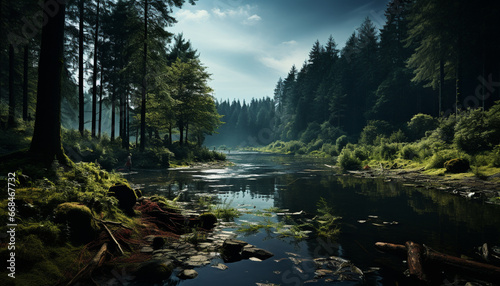 Tranquil scene nature beauty reflected in the flowing water generated by AI