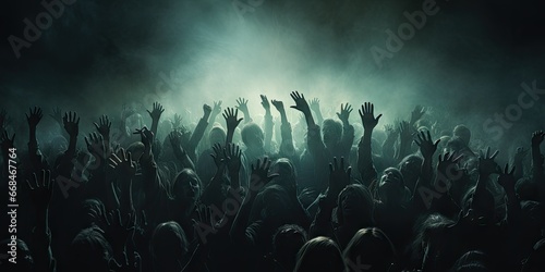 Halloween night background of many scary and creepy zombie hands rising from the shadows by generative ai. © chartchai