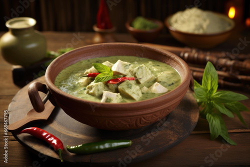 Green curry placed on a wooden table