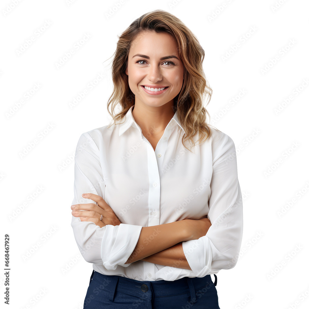 Young beautiful woman happy face smiling with crossed arms looking at the camera. Positive Successful business woman, isolated on white transparent background, ai generate Young beautiful woman happy face smiling with crossed arms looking at the camera. Positive Successful business woman, isolated on white transparent background, ai generate