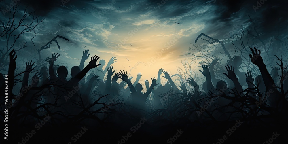 Halloween night background of many scary and creepy zombie hands rising from the shadows by generative ai. - obrazy, fototapety, plakaty 