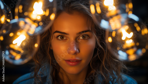 Young woman looking at camera, smiling, illuminated in nightlight generated by AI
