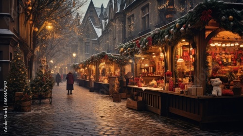 Charming Christmas market in the evening with lights. Merry Christmas and Happy New Year concept. © ALA