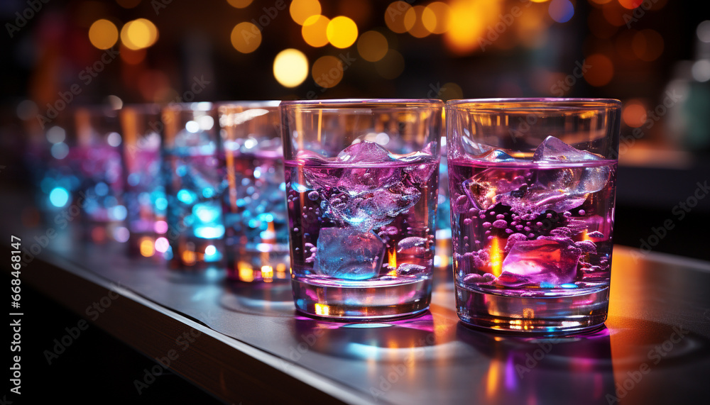 Nightclub bar pouring cocktail drink, glass illuminated with purple background generated by AI
