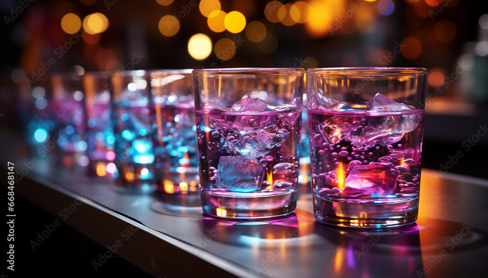 Nightclub bar pouring cocktail drink, glass illuminated with purple background generated by AI Nightclub bar pouring cocktail drink, glass illuminated with purple background generated by AI