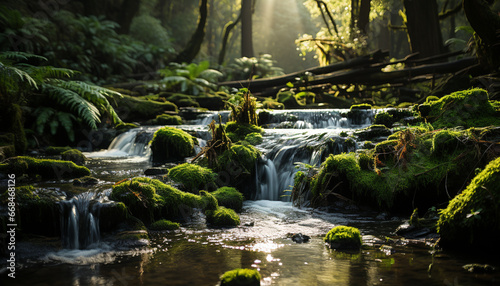 Tranquil scene flowing water, green trees, natural beauty, peacefulness generated by AI