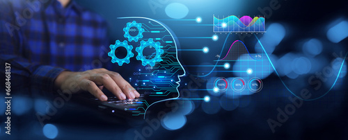 Banner of data science concept businessman or scientist working on laptop with ai machine learning software from big data to analysis the performance and create insign of business management photo