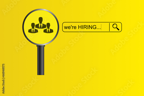 Job search concept on magnifying glass search human to recruitment for interview and hiring people to join our team on yellow background