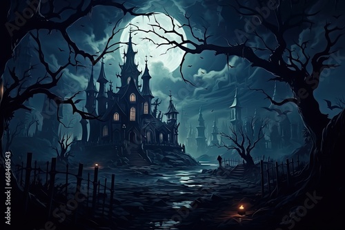 vampire Castle with a landscape of trees, foggy, in the night, photorealistic by Generative AI