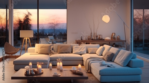 Modern family room at evening light, Living room, minimalist. © visoot
