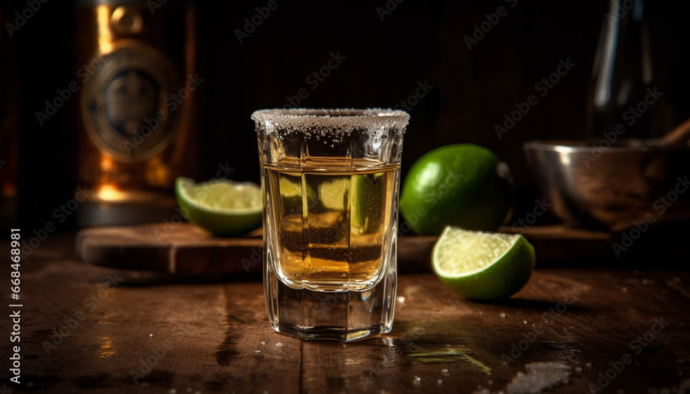 Refreshing tequila cocktail with lime slice in rustic bar establishment generated by AI Refreshing tequila cocktail with lime slice in rustic bar establishment generated by AI