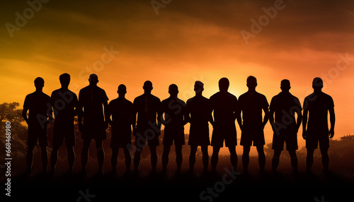 Silhouette of a muscular athlete standing with a group outdoors generated by AI