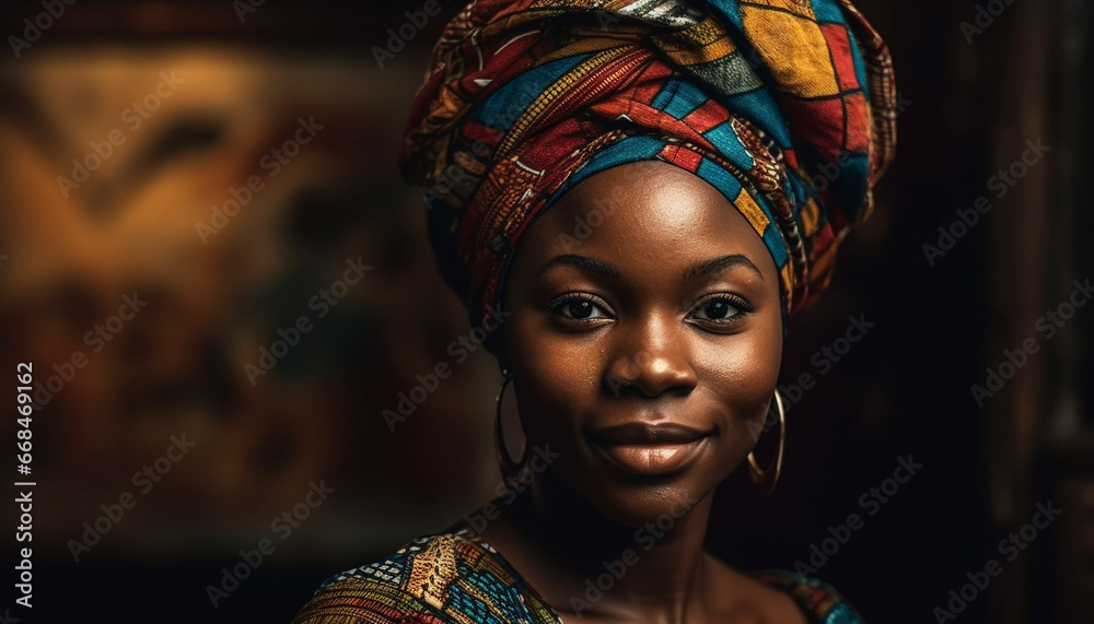 Confident young African woman smiling, wearing traditional headscarf outdoors generated by AI