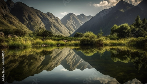 Majestic mountain range reflects in tranquil pond at dawn generated by AI