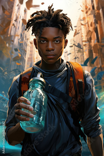 Portrait of a young African American man with backpack and water bottle.