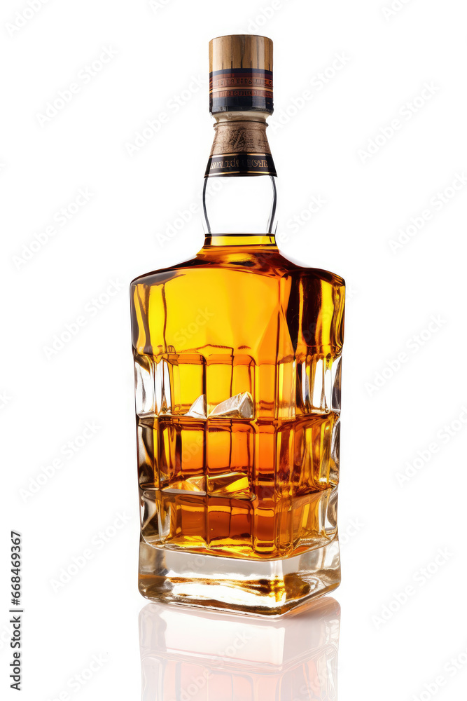 Bottle of whiskey with ice cubes isolated on a white background. Bottle of whiskey with ice cubes isolated on a white background.