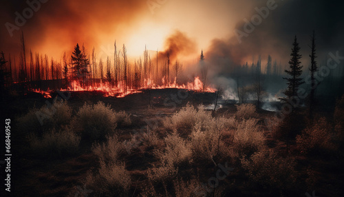 Burning forest, inferno at dusk, pine tree destroyed by fire generated by AI