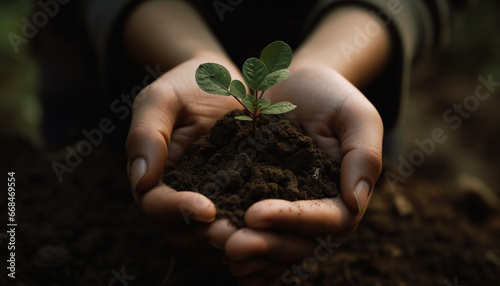 Human hand holding a seedling, symbolizing new life and growth generated by AI