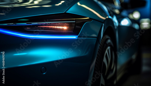 Shiny sports car driving in blurred motion through illuminated city generated by AI
