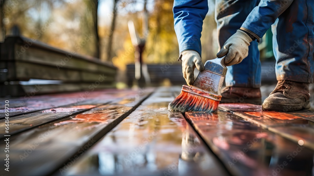 Coating with colored protective paint on the wooden surface of the lining boards. Hand with a brush paints a bright turquoise surface outdoors in Sunny weather. Coating with colored protective paint on the wooden surface of the lining boards. Hand with a brush paints a bright turquoise surface outdoors in Sunny weather.