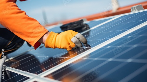 Cropped view of man hands in work gloves mounting photovoltaic solar panels. Worker assembling solar modules for generating electricity through photovoltaic effect. Renewable energy sources concept.