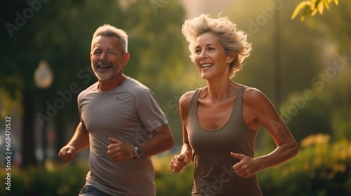 sweet middle age couple jogging together.