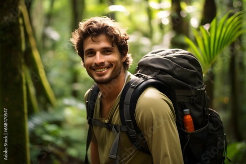 portrait of a male backpacker in a tropical rain forest © Rax Qiu