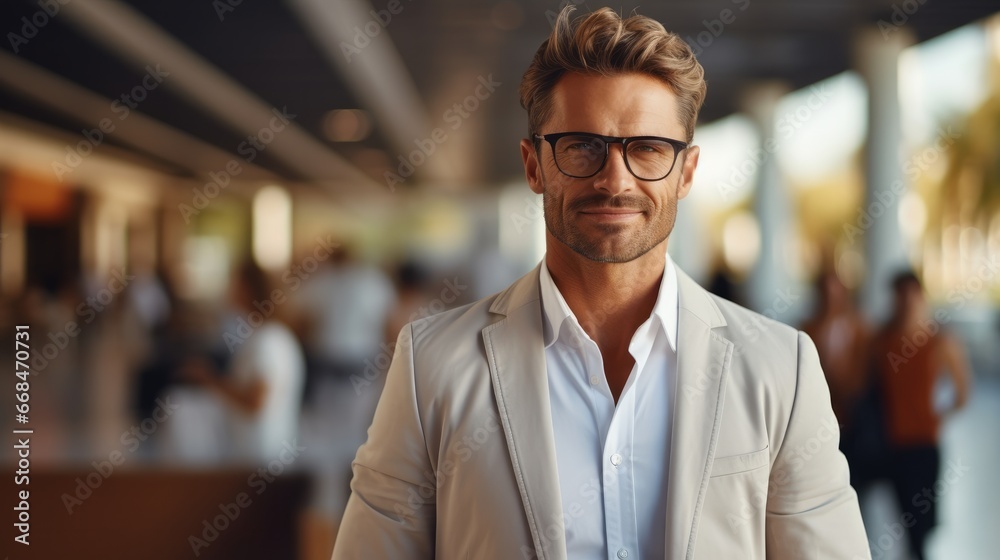 Fototapeta premium Portrait of confident business man in light cream suit at office