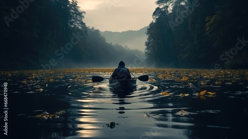 Fisherman in his boat in the middle of a lake.