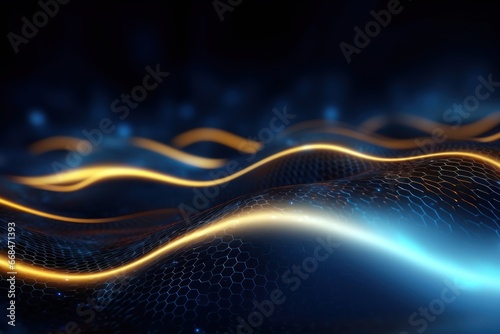Abstract digital network waves and glowing blue and orange particle data on dark background. . Generative AI