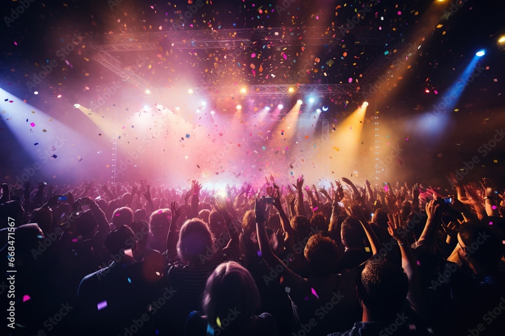 Rock Concert. Electronic Dance Music Festival. Silhouettes of concert crowd in front of bright stage lights, Colorfull background. Generative AI