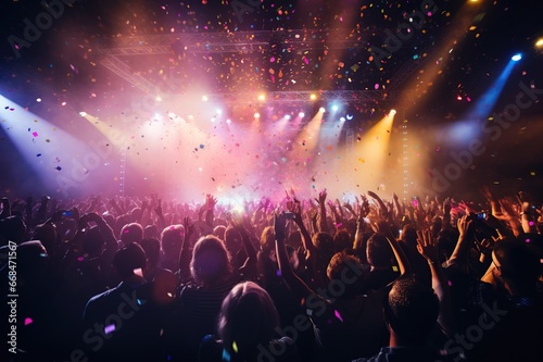 Rock Concert. Electronic Dance Music Festival. Silhouettes of concert crowd in front of bright stage lights  Colorfull background. Generative AI