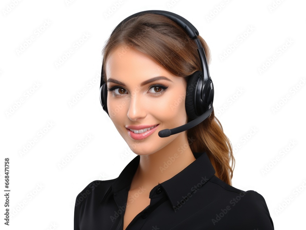 Portrait of a woman working in customer service at a call center, white backgroud . Generative AI. Portrait of a woman working in customer service at a call center, white backgroud . Generative AI.