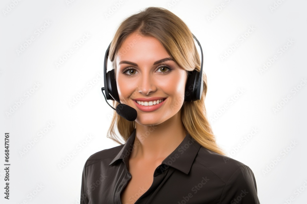 Portrait of a woman working in customer service at a call center, white backgroud . Generative AI. Portrait of a woman working in customer service at a call center, white backgroud . Generative AI.