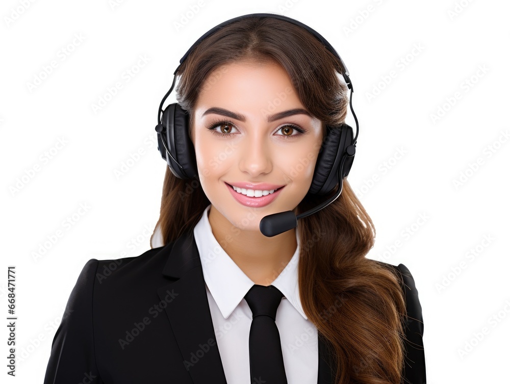 Portrait of a woman working in customer service at a call center, white backgroud . Generative AI. Portrait of a woman working in customer service at a call center, white backgroud . Generative AI.