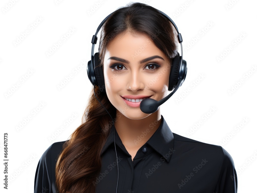 Portrait of a woman working in customer service at a call center, white backgroud . Generative AI. Portrait of a woman working in customer service at a call center, white backgroud . Generative AI.