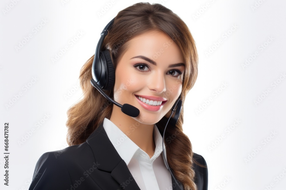 Portrait of a woman working in customer service at a call center, white backgroud . Generative AI. Portrait of a woman working in customer service at a call center, white backgroud . Generative AI.
