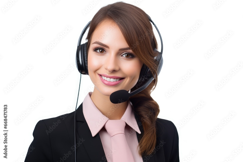 Portrait of a woman working in customer service at a call center, white backgroud . Generative AI. Portrait of a woman working in customer service at a call center, white backgroud . Generative AI.